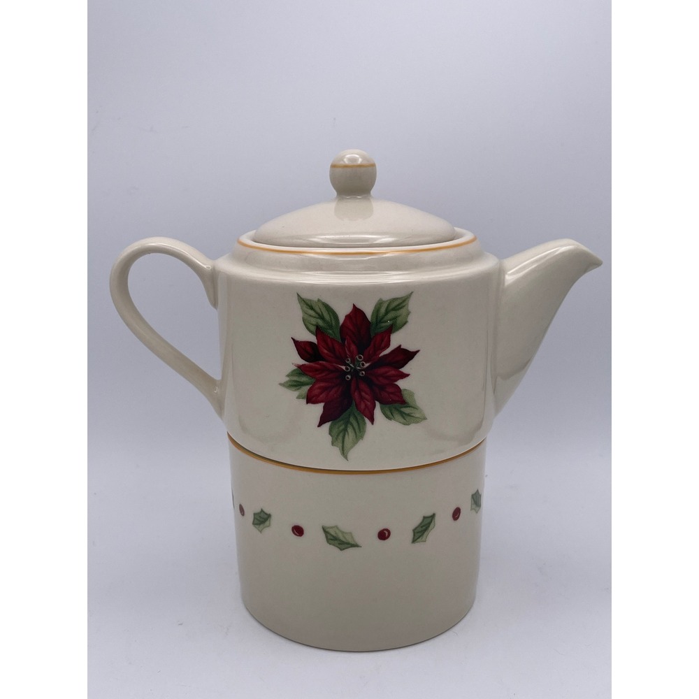 VTG Merry Brite Poinsettia Tea For One Set Christmas Teapot Mug Stackable